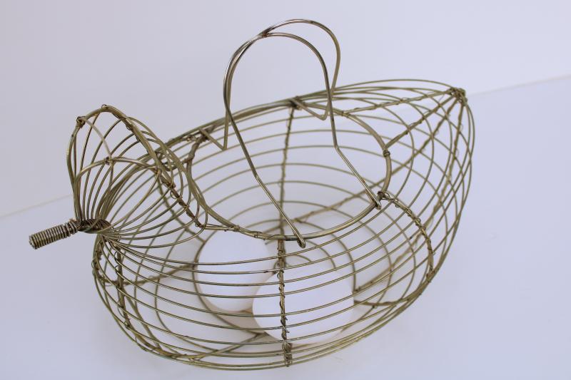 photo of vintage hen chicken shaped egg basket, farmhouse kitchen figural wire work basket #2