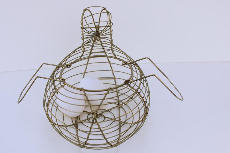 photo of vintage hen chicken shaped egg basket, farmhouse kitchen figural wire work basket #4