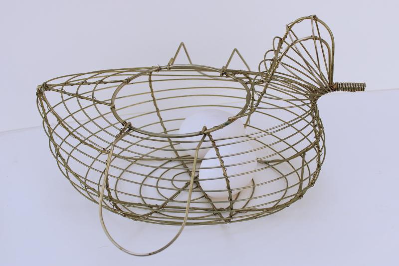 photo of vintage hen chicken shaped egg basket, farmhouse kitchen figural wire work basket #5