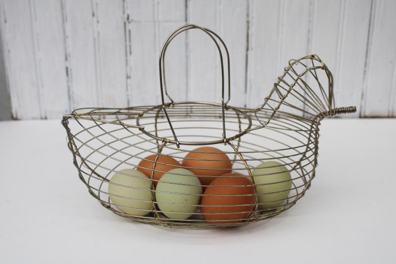 photo of vintage hen chicken shaped egg basket, farmhouse kitchen figural wire work basket #1