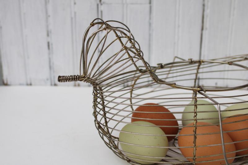 photo of vintage hen chicken shaped egg basket, farmhouse kitchen figural wire work basket #4