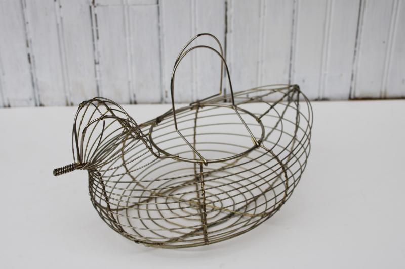 photo of vintage hen chicken shaped egg basket, farmhouse kitchen figural wire work basket #5