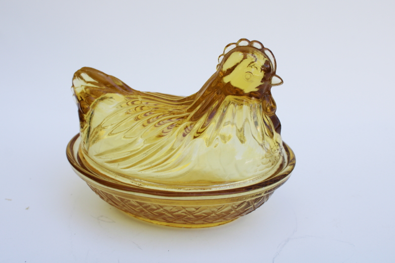 photo of vintage hen on nest amber glass mini covered dish pressed glass trinket box #4