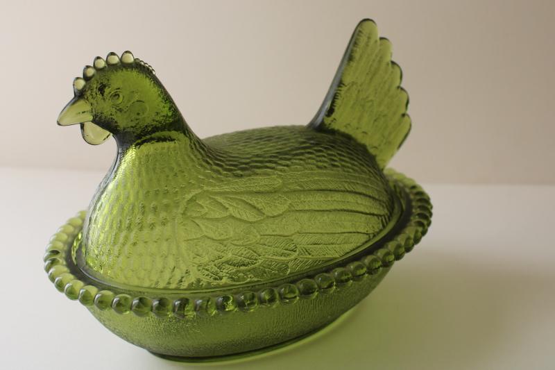 photo of vintage hen on nest box or covered dish, avocado green color Indiana glass #3