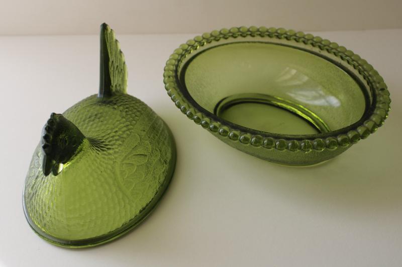 photo of vintage hen on nest box or covered dish, avocado green color Indiana glass #4