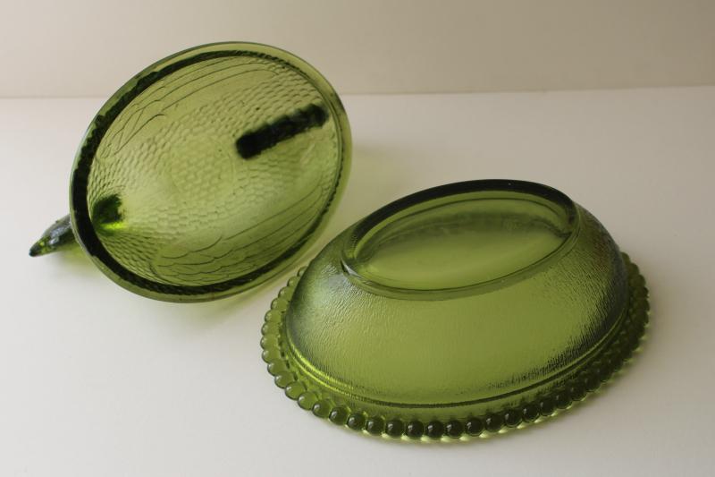 photo of vintage hen on nest box or covered dish, avocado green color Indiana glass #5