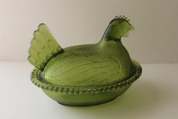 catalog photo of vintage hen on nest box or covered dish, avocado green color Indiana glass