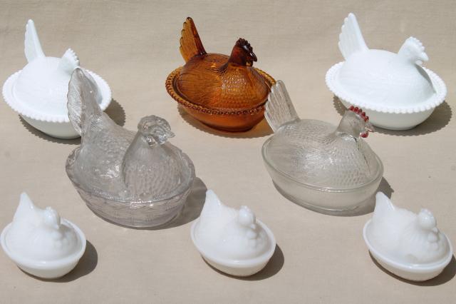 photo of vintage hen on nest collection, amber, milk glass, clear pressed glass dishes hens on nests #1