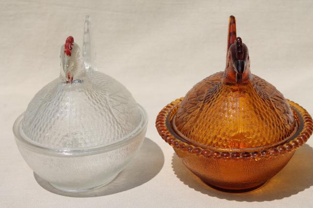 photo of vintage hen on nest collection, amber, milk glass, clear pressed glass dishes hens on nests #2