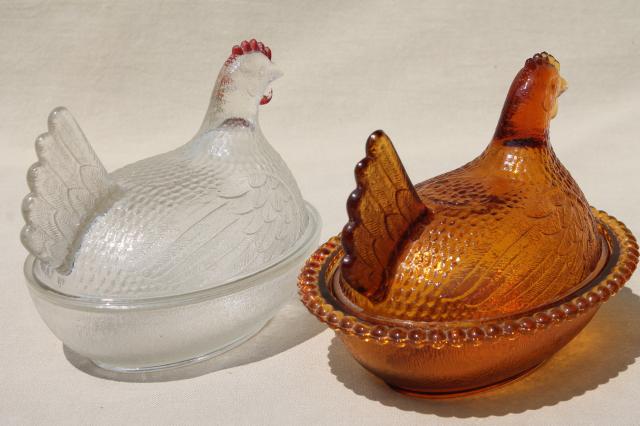 photo of vintage hen on nest collection, amber, milk glass, clear pressed glass dishes hens on nests #3