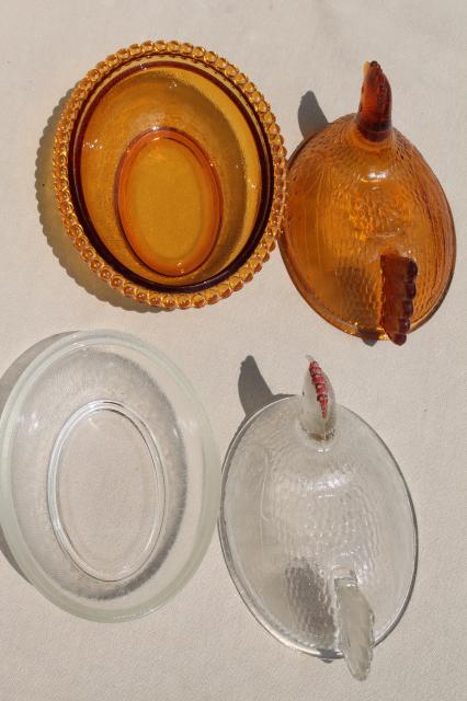 photo of vintage hen on nest collection, amber, milk glass, clear pressed glass dishes hens on nests #4