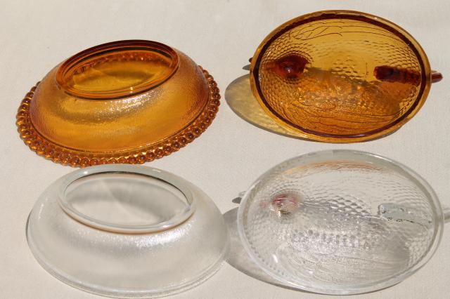 photo of vintage hen on nest collection, amber, milk glass, clear pressed glass dishes hens on nests #5