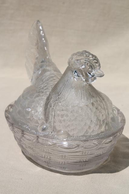 photo of vintage hen on nest collection, amber, milk glass, clear pressed glass dishes hens on nests #7