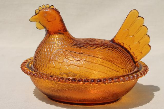 photo of vintage hen on nest collection, amber, milk glass, clear pressed glass dishes hens on nests #23