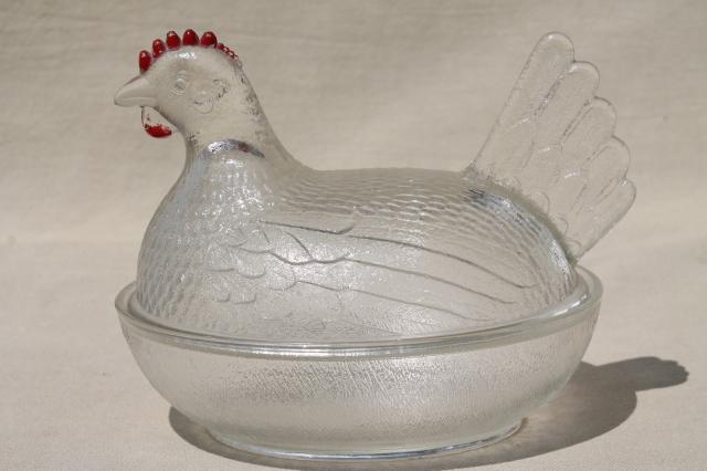 photo of vintage hen on nest collection, amber, milk glass, clear pressed glass dishes hens on nests #24