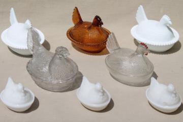 catalog photo of vintage hen on nest collection, amber, milk glass, clear pressed glass dishes hens on nests