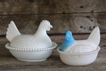 catalog photo of vintage hen on nest covered dishes, milk glass and white w/ blue head, farmhouse chickens