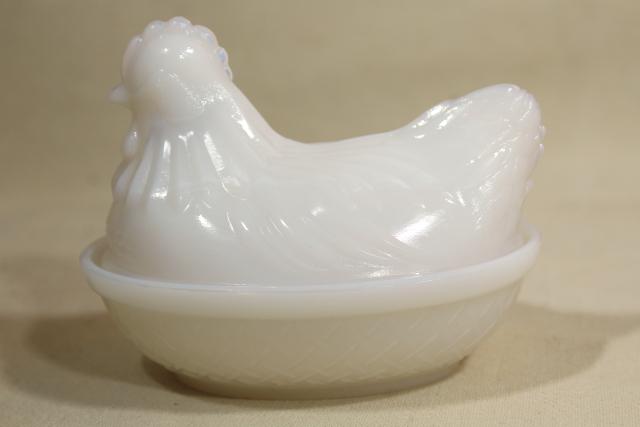 photo of vintage hen on nest covered dishes or boxes, white opalescent milk glass #3