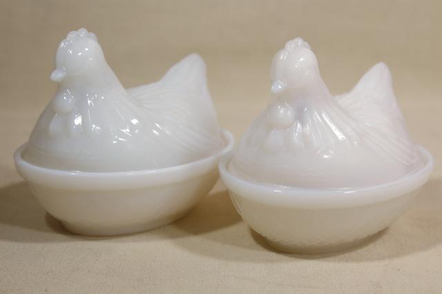 photo of vintage hen on nest covered dishes or boxes, white opalescent milk glass #9