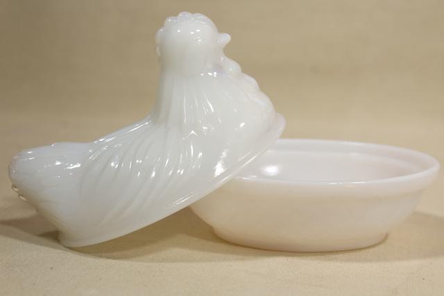 photo of vintage hen on nest covered dishes or boxes, white opalescent milk glass #12