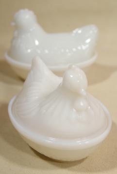 vintage hen on nest covered dishes or boxes, white opalescent milk glass