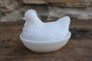 catalog photo of vintage hen on nest, opalescent white milk glass covered dish or trinket box