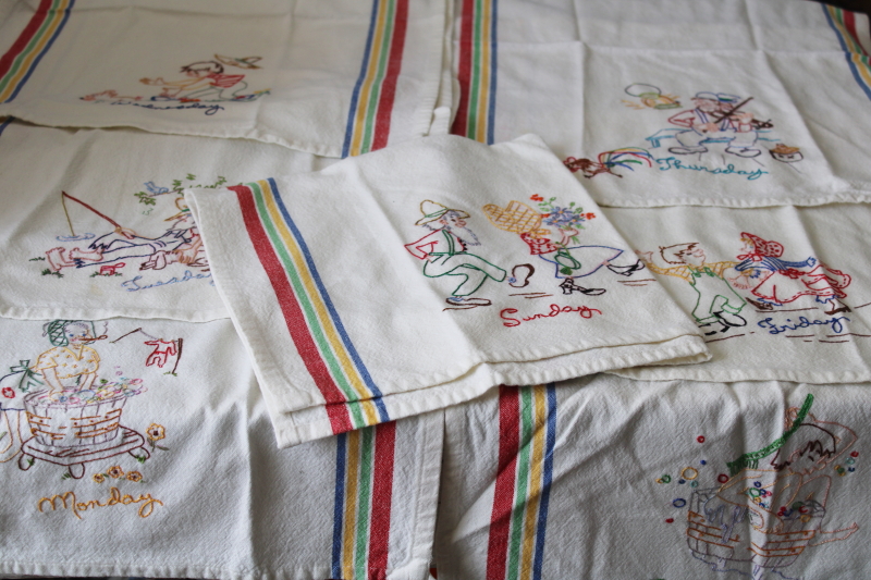 photo of vintage hillbilly days of the week embroidered towels, striped cotton kitchen towel set #1