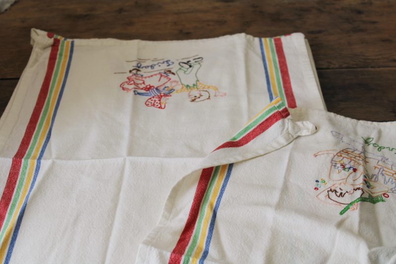 photo of vintage hillbilly days of the week embroidered towels, striped cotton kitchen towel set #2