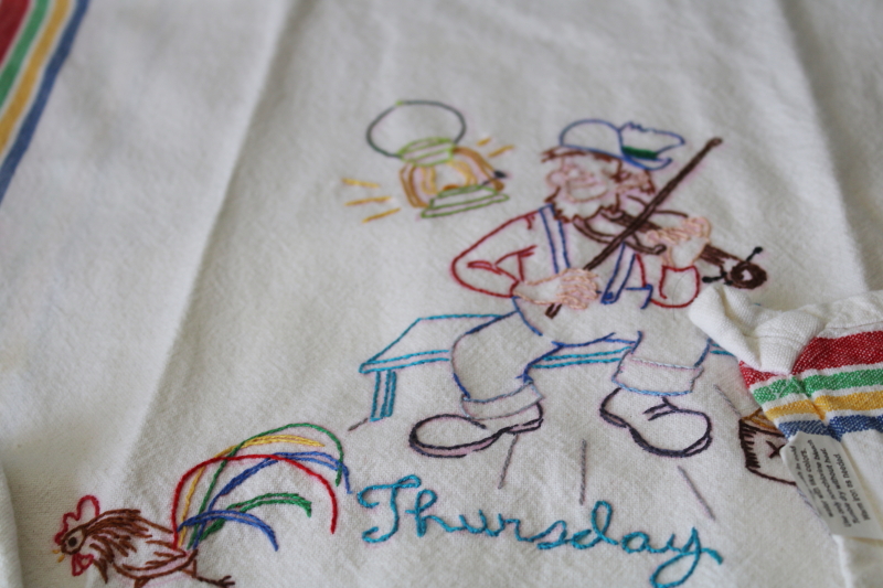 photo of vintage hillbilly days of the week embroidered towels, striped cotton kitchen towel set #4