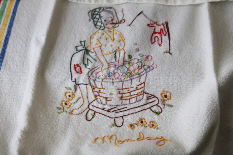 photo of vintage hillbilly days of the week embroidered towels, striped cotton kitchen towel set #7