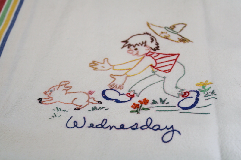 photo of vintage hillbilly days of the week embroidered towels, striped cotton kitchen towel set #9