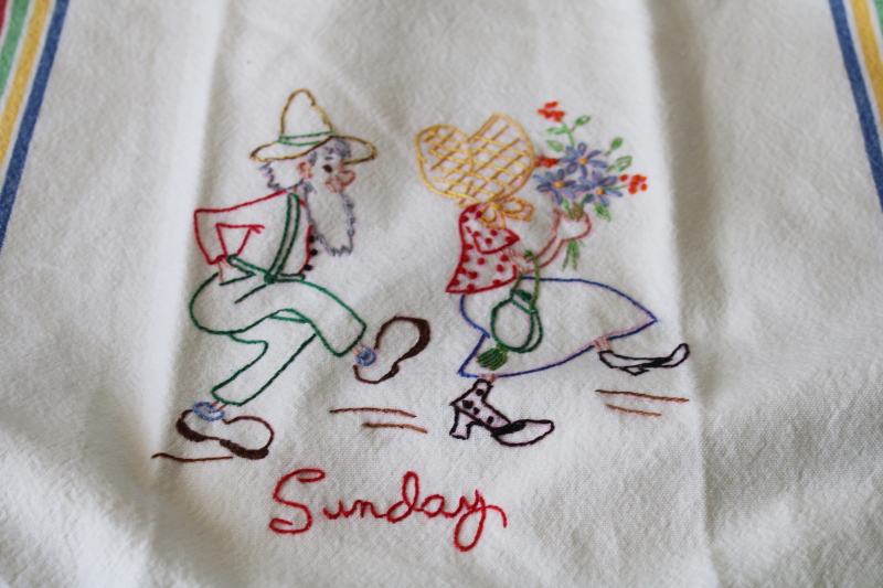 photo of vintage hillbilly days of the week embroidered towels, striped cotton kitchen towel set #10