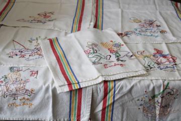 catalog photo of vintage hillbilly days of the week embroidered towels, striped cotton kitchen towel set