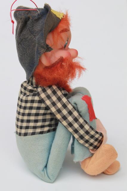 photo of vintage hillbilly mountain man redneck knee hugger doll, large felt pixie made in Japan #5