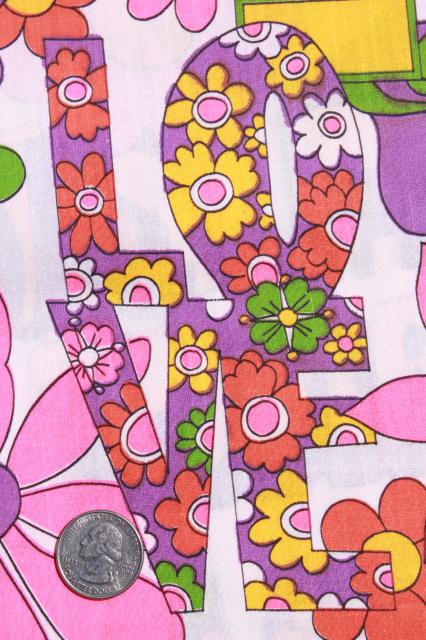 photo of vintage hippie LOVE flower power daisy graffiti print cotton fabric 60s 70s retro! #2