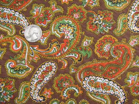 photo of vintage hippie style paisley print cotton fabric, orange/green/brown #1