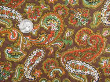 catalog photo of vintage hippie style paisley print cotton fabric, orange/green/brown