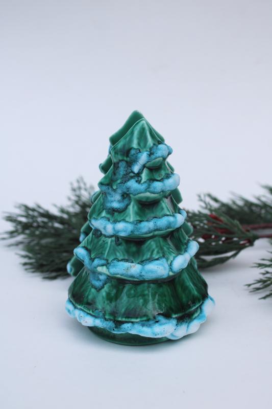 photo of vintage hobbyist ceramic Christmas card rack or napkin holder, little pine tree w/ snow #1