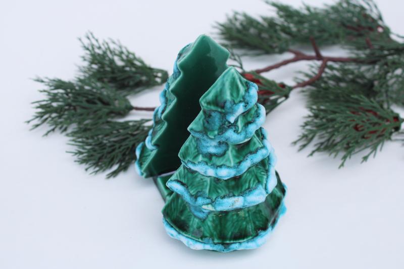 photo of vintage hobbyist ceramic Christmas card rack or napkin holder, little pine tree w/ snow #2