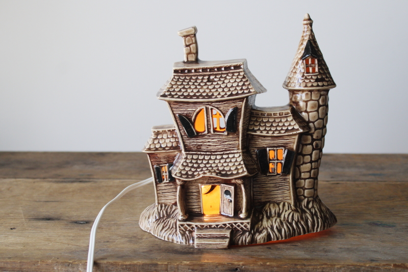 photo of vintage hobbyist ceramic lighted Halloween house, brown glazed cozy cute haunted Victorian cottage  #1