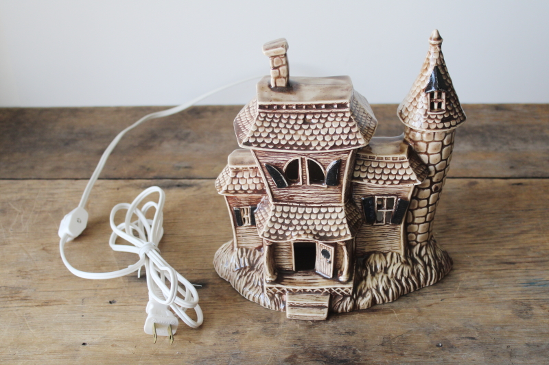 photo of vintage hobbyist ceramic lighted Halloween house, brown glazed cozy cute haunted Victorian cottage  #2