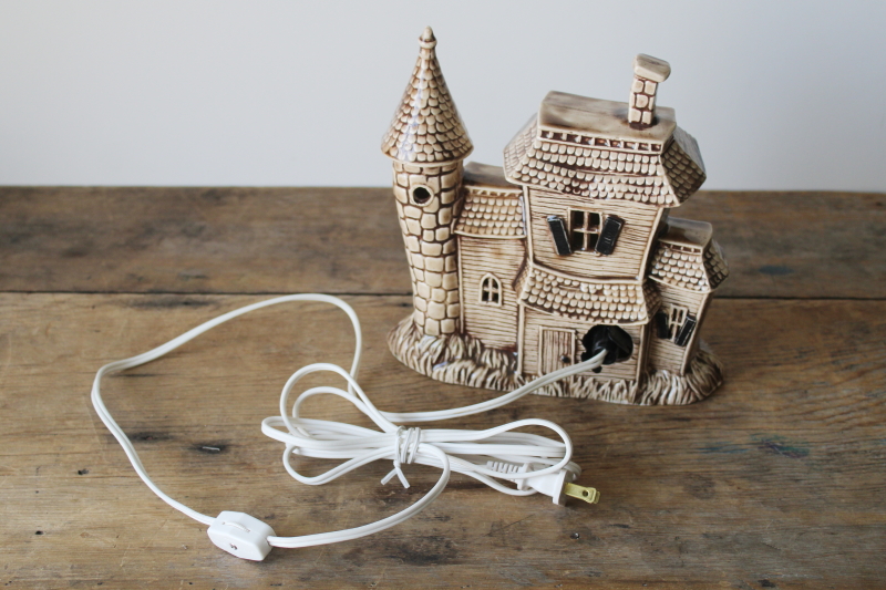 photo of vintage hobbyist ceramic lighted Halloween house, brown glazed cozy cute haunted Victorian cottage  #3