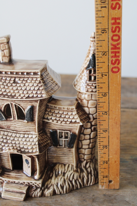 photo of vintage hobbyist ceramic lighted Halloween house, brown glazed cozy cute haunted Victorian cottage  #5
