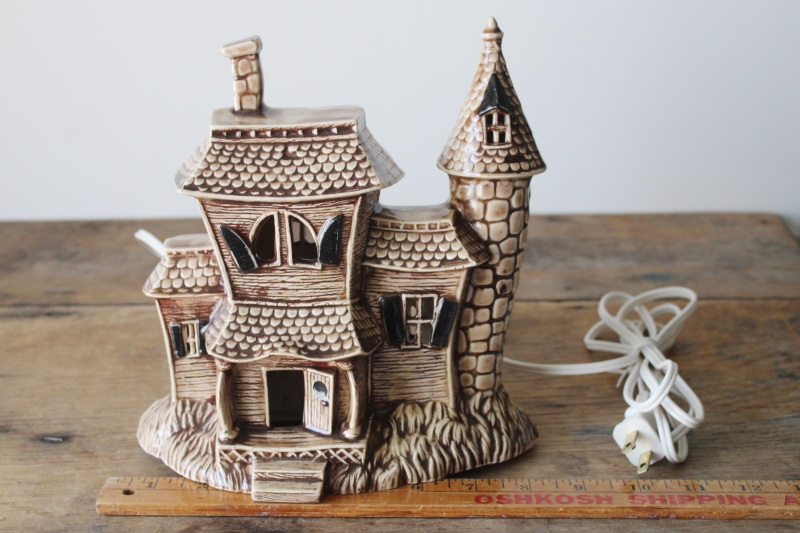 photo of vintage hobbyist ceramic lighted Halloween house, brown glazed cozy cute haunted Victorian cottage  #6