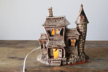 catalog photo of vintage hobbyist ceramic lighted Halloween house, brown glazed cozy cute haunted Victorian cottage 