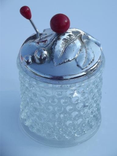 photo of vintage hobnail clear glass jam pot, preserve jar w/ spoon and chrome lid #2