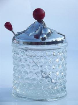 catalog photo of vintage hobnail clear glass jam pot, preserve jar w/ spoon and chrome lid