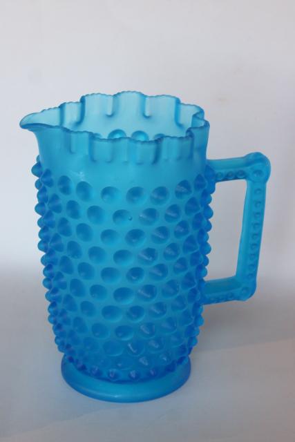 photo of vintage hobnail glass pitcher, blue mist satin frosted glass #1