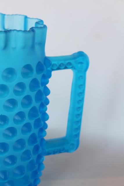 photo of vintage hobnail glass pitcher, blue mist satin frosted glass #5