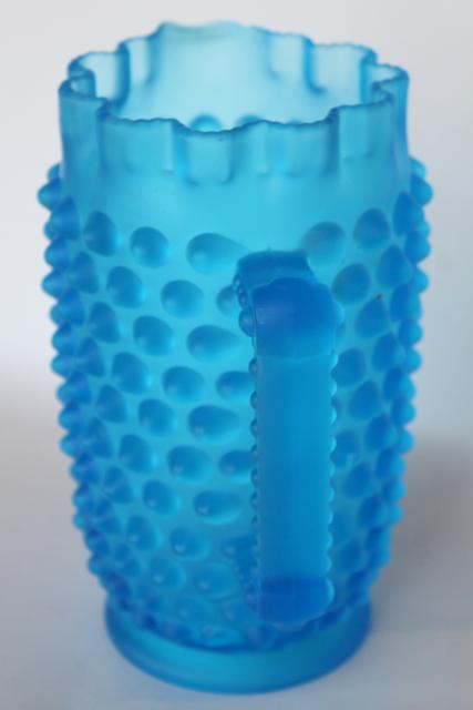 photo of vintage hobnail glass pitcher, blue mist satin frosted glass #6